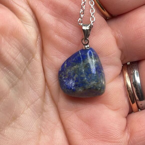 Lapis Lazuli tumble pendant pyrite necklace silver plated blue gold - Picture 5 of 5